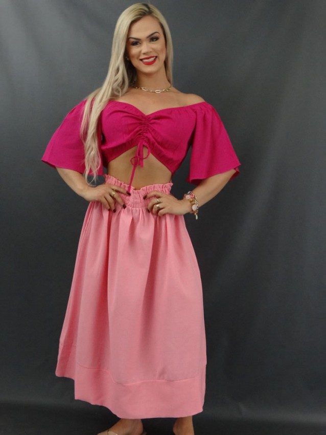 Saia Midi Cos com Elastico em Charmeuse Est Viscose Rosa [2112038]